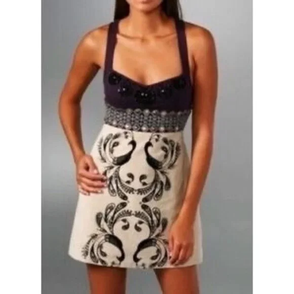 Vintage Y2K Free People Empire Waist Beaded Velvet Peacock A-Line Mini Dress - Picture 11 of 14